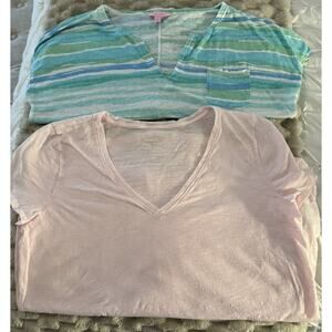 Lilly Pulitzer Blue Striped Duval Pocket V-Neck Tee/Etta Top Pink Size L